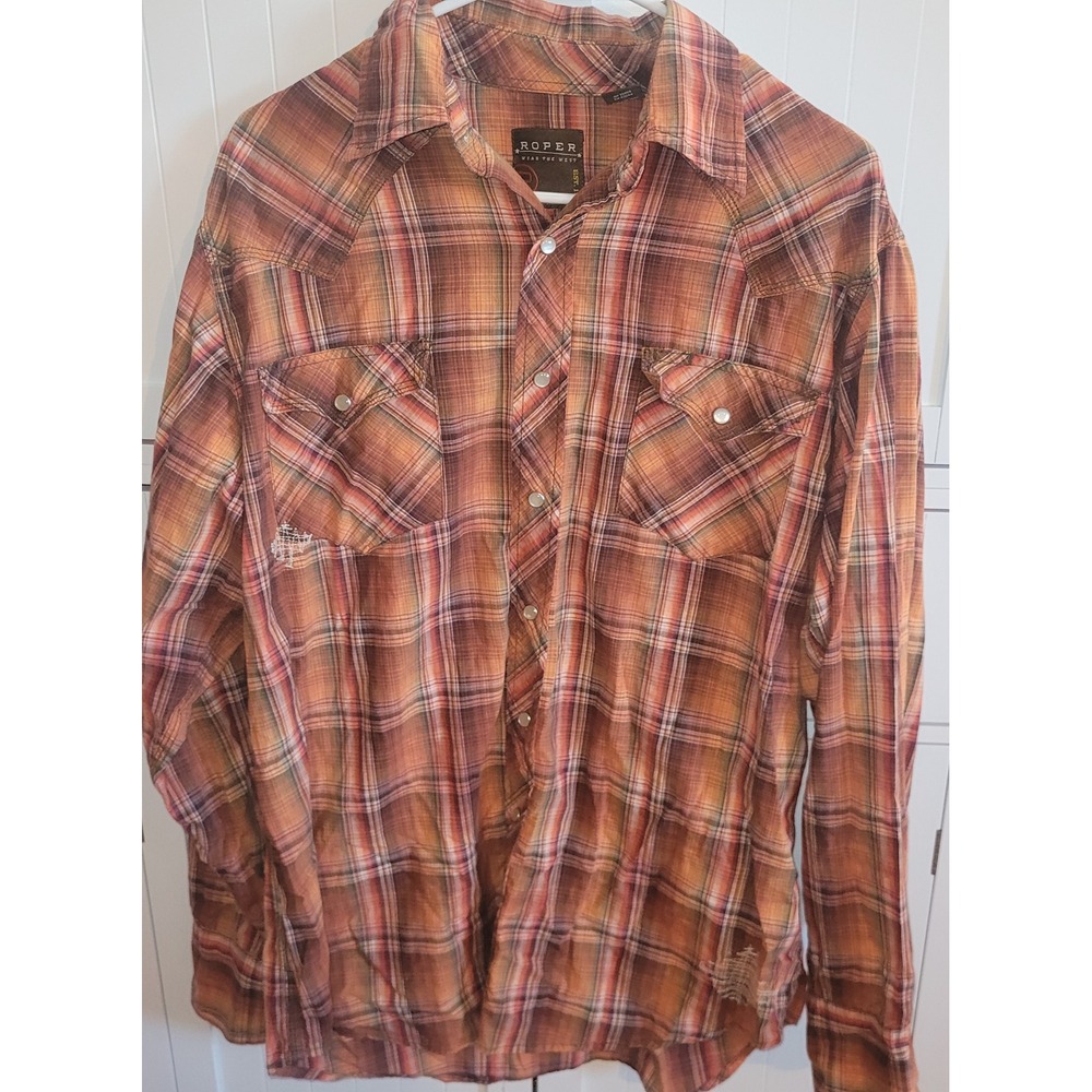 Roper Mens Plaid Western Shirt Long Sleeve‎ Snap Front Brown Orange Cowboy Large
